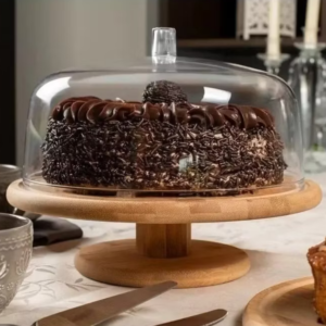 Boleira Porta Bolo Em Bambu Com Pé E Cúpula Acrílica