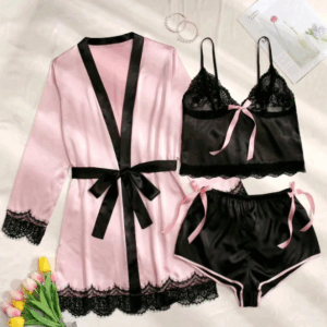 3 peças Conjunto de Pijama com Painel de Renda, Laço Frontal, Recorte Contrastante e Cinto