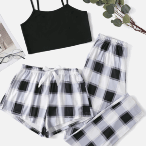 3 peças Conjunto de Pijama/Camiseta Canelada com Laço na Frente