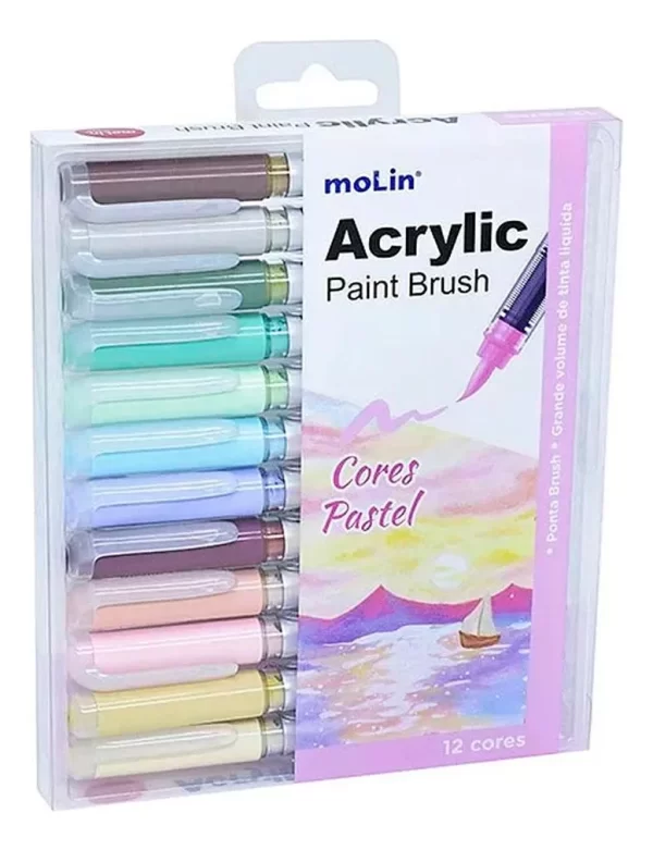 Kit Caneta Acrylic Paint Brush C/ 12und Cores Pastel MolinKit